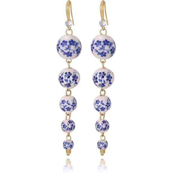 💙 Blue Floral Ceramic Drop Earrings | Gold-Plated Vintage-Inspired Design - Picture 4 of 4